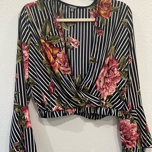 Charlotte Russe top white blue stripe floral summer brunch  asymmetric sleeve Lg